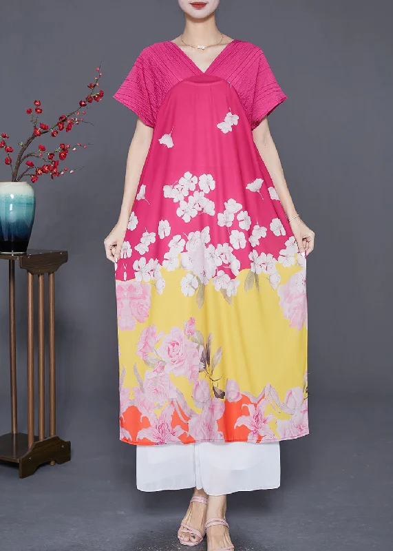 Women Rose V Neck Patchwork Print Silk Party Dress Summer Tunics Essential wardrobe