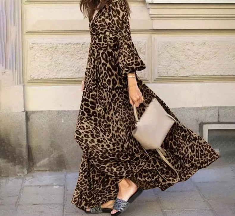 Women Spring Puff Sleeve Maxi Long Sundress Fashion Sexy Leopard Printed Party Dress V Neck High Waist Holiday Tunics Polka dots