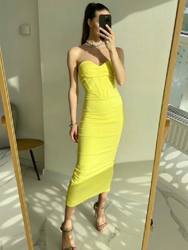 Women Summer Bodycon Party Dress Yellow Long Maxi Dress Sexy Strapless Elegant Dress for Celebrity Evening Off-the-shoulder Bohemian Festive