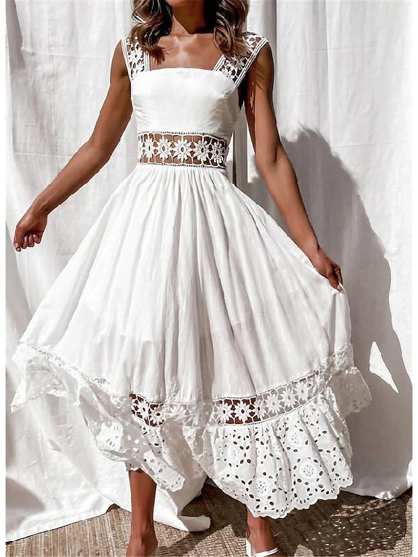 Women's Party Dress Lace Dress Swing Dress Long Dress Maxi Dress White Sleeveless Pure Color Lace Spring Summer Square Neck Party S M L XL XXL 3XL Tunics Party sparkling