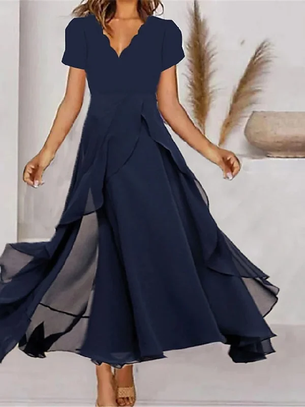 Women's Prom Dress Party Dress Wedding Guest Dress Long Dress Maxi Dress Navy Blue Short Sleeve Pure Color Ruffle Summer Spring Fall V Neck Fashion Evening Party Wedding Guest Vacation S M L XL Tunics Formal black