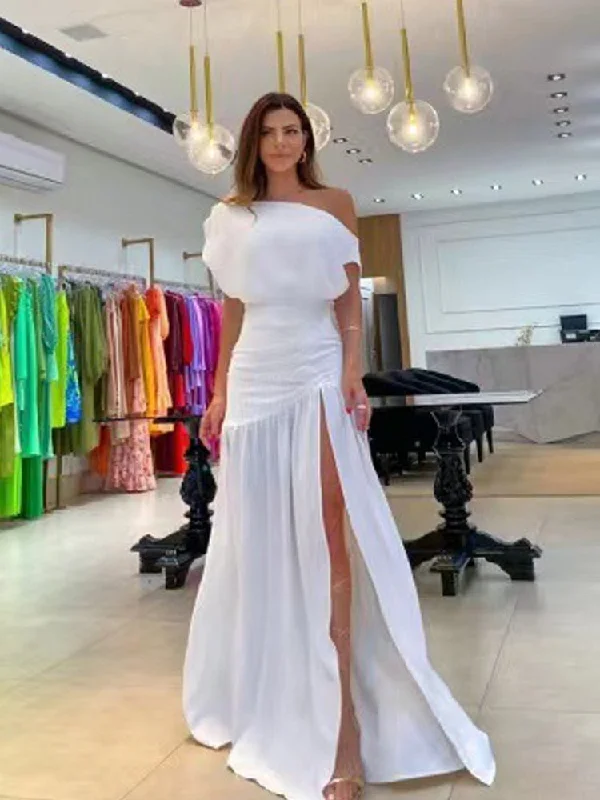 Women's Summer Maxi Dress Fashion Casual With Solid Nipped Waist Slim Slanted Shoulders Pleated Slit Evening Party Dresses Tunics Chic fashionable