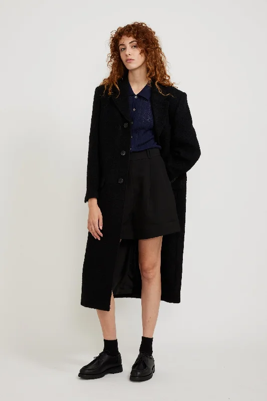 2-Way 3 Button Boucle Wool Coat Black Elegant Wool Jacket