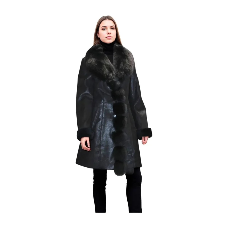 Grecia Women's Sheepskin Shearling Coat with Fox Fur Trim Belted Midi-Length Coat