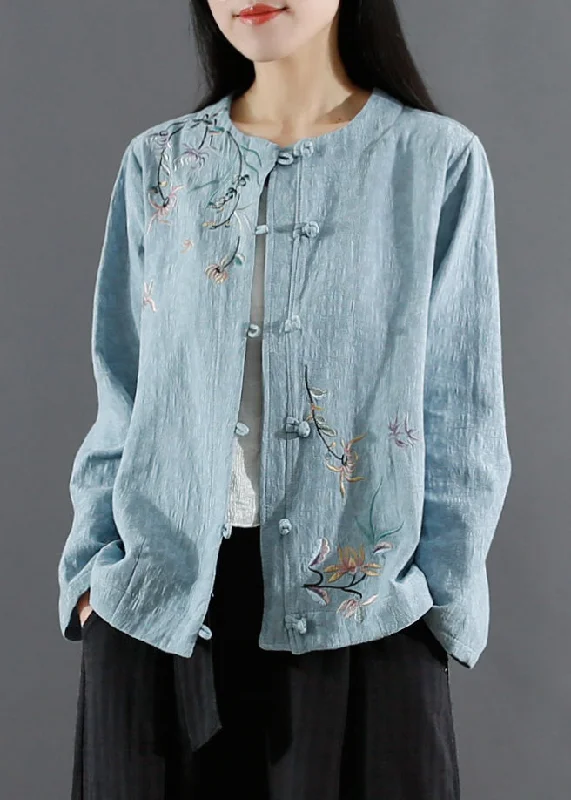 Art Blue Jacquard Embroidered Patchwork Cotton Coat Fall Cropped Moto Jacket