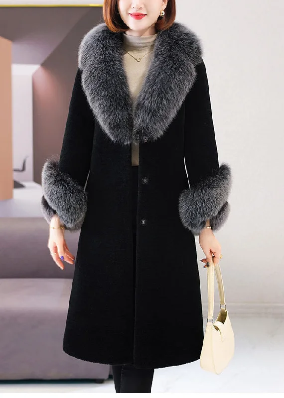 Beautiful Black V Neck Tie Waist Fuzzy Fur Long Coat Winter Pastel Wool Peacoat