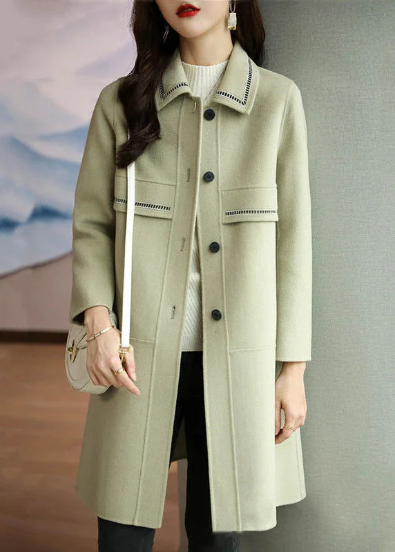 Beautiful Light Green Peter Pan Collar Button Patchwork Woolen Coat Winter Quilted Puffer Jacket