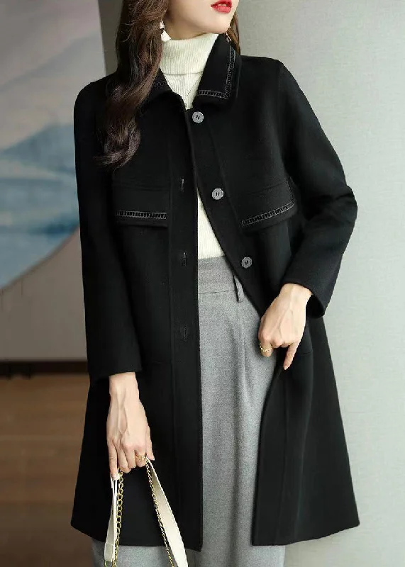 Black Pockets Patchwork Woolen Coats Peter Pan Collar Long Sleeve Sleek Leather Jacket