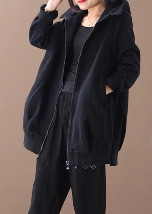 Black Zippered Side Open Hooded Coats Long Sleeve Checkered Wool Shacket