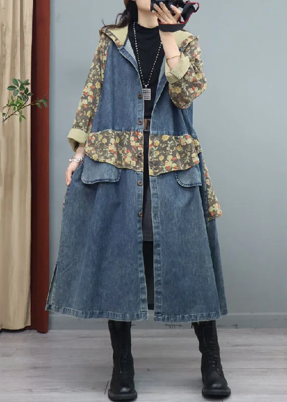 Blue Print Button Patchwork Denim Coat Asymmetrical Long Sleeve Cozy Knitted Poncho