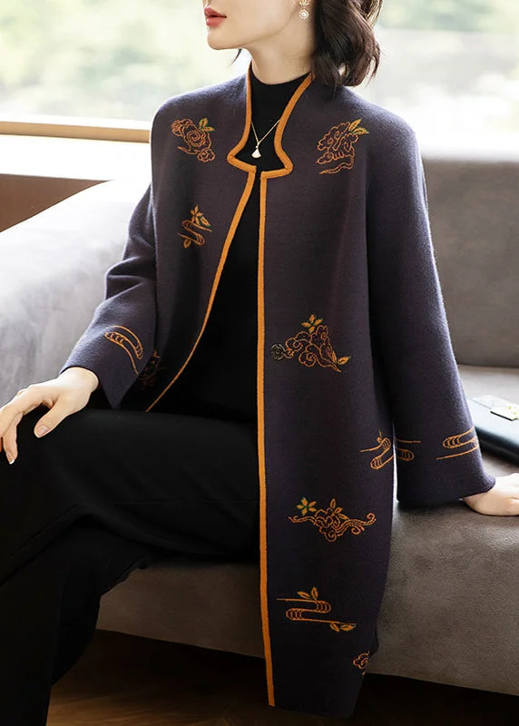 Bohemian Dark Purple Stand Collar Embroideried Patchwork Wool Coats Fall Embroidered Kimono Coat