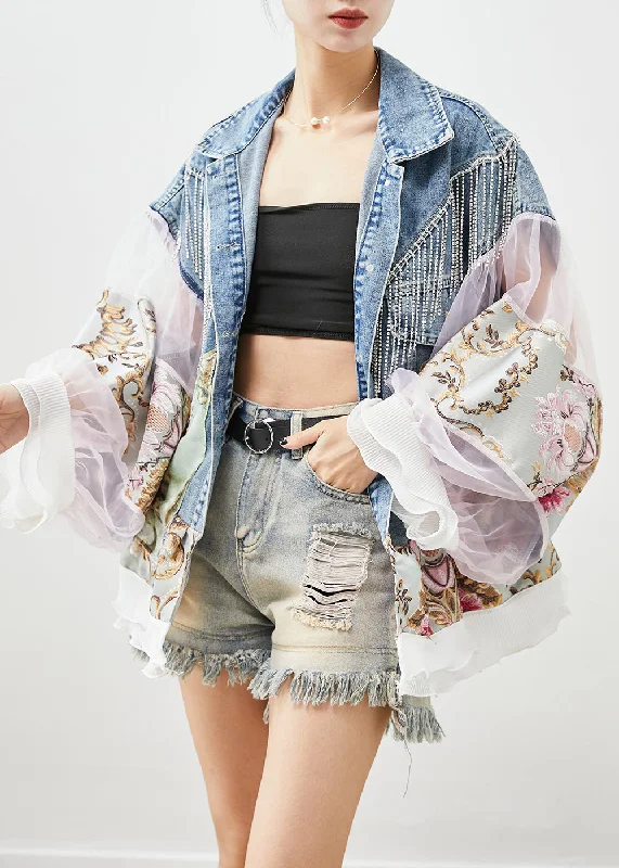 Boho Blue Tasseled Patchwork Tulle Denim Coat Lantern Sleeve Padded Ski Jacket