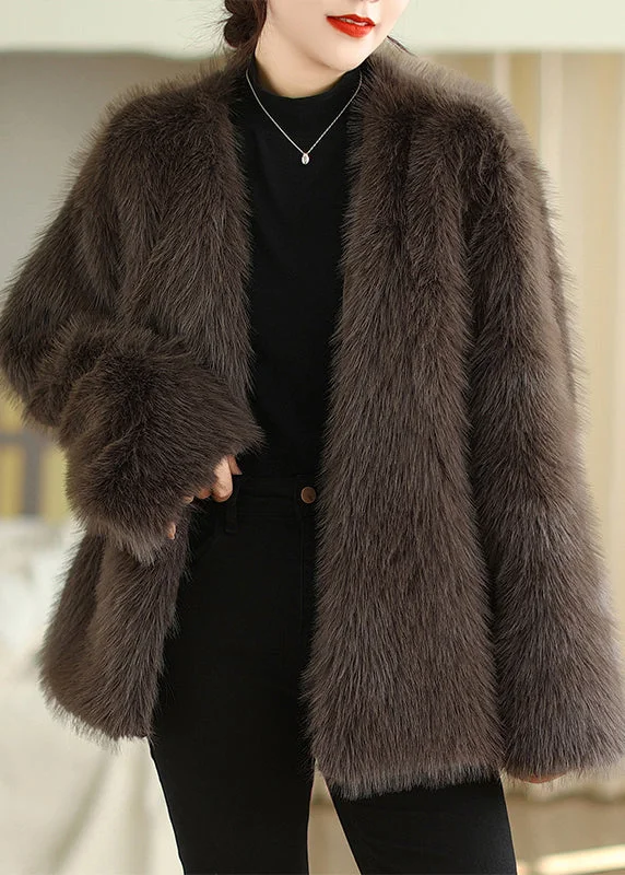 Boutique Fashion Coffee V Neck Faux Fur Coats Winter Cropped Fleece Jacket