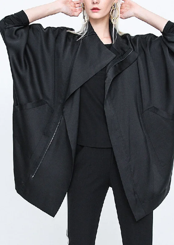 Casual Black Stand Collar Zippered Batwing Trench Coats Long Sleeve Belted Midi-Length Coat