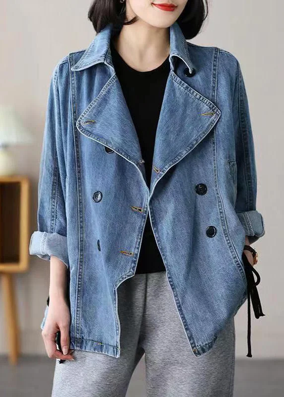 Casual Blue Notched Patchwork Tie Waist Denim Coats Long Sleeve Soft Thermal Overcoat