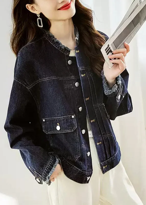 Casual Dark Blue O-Neck Pockets Patchwork Denim Coats Fall Warmth-Enhanced Parka