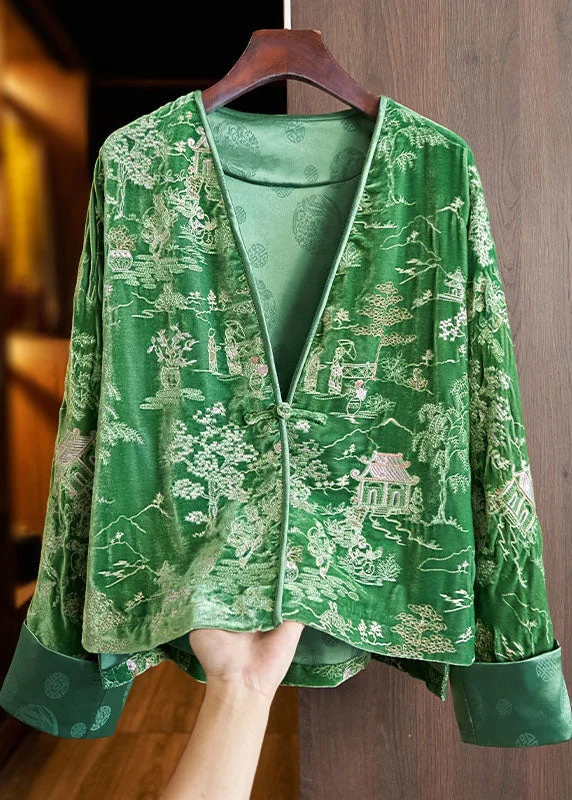 Casual Green V Neck Embroideried Button Silk Velour Coats Fall Warm Hooded Poncho