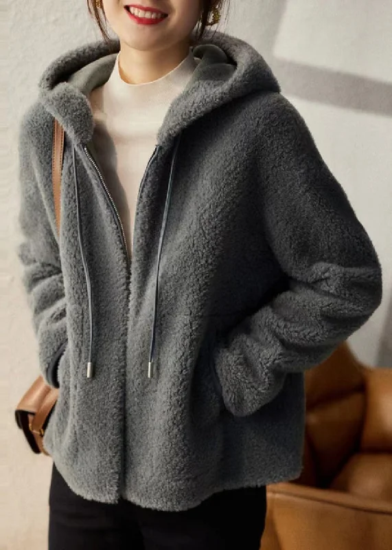 Casual Grey Hooded Pockets Patchwork Woolen Coats Winter Ultra-Soft Sherpa Vest