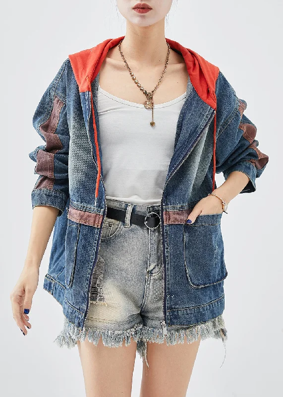 Casual Red Hooded Patchwork Denim Coats Fall Bold Color Block Coat