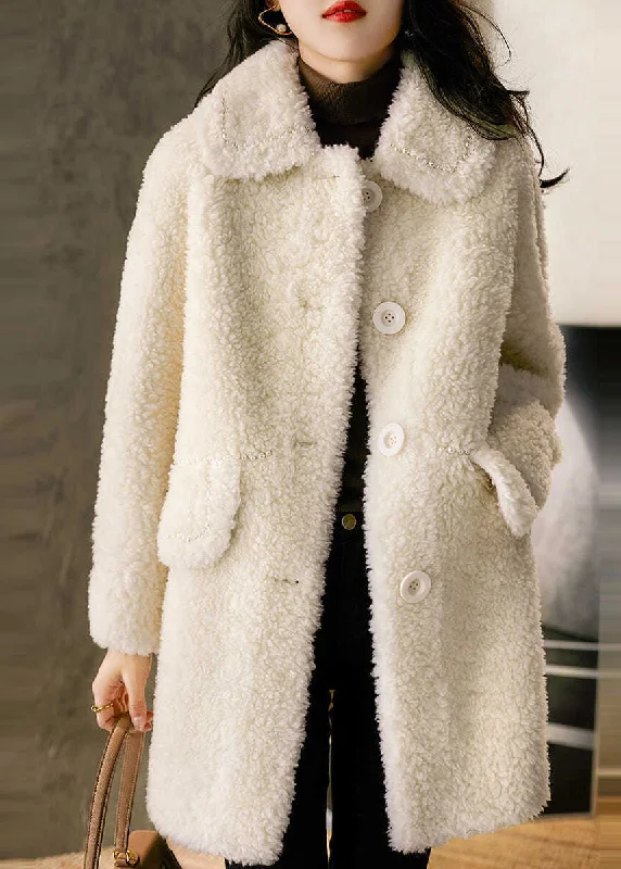 Chic Beige Peter Pan Collar Pockets Patchwork Wool Coats Winter High-Collar Puffer Coat