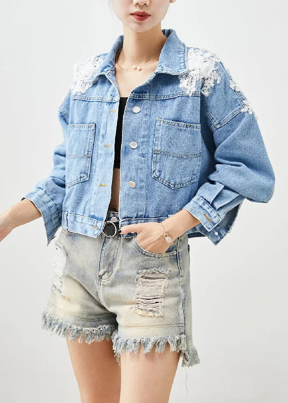 Chic Blue Oversized Stereoscopic Floral Denim Coat Fall Embroidered Kimono Coat