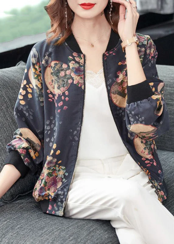 Chic Dark Gray Zip Up Print Pockets Patchwork Silk Coats Fall Stretch Fit Moto Jacket