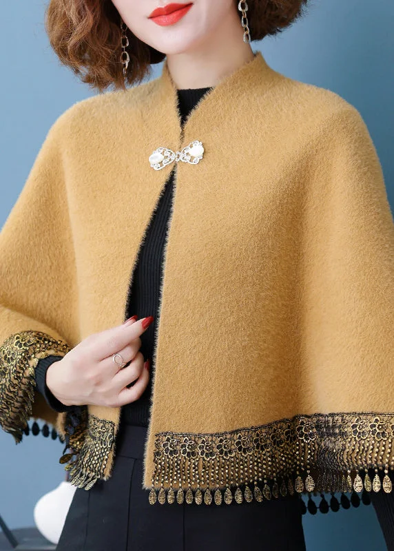 Chic Yellow Stand Collar Tasseled Pockets Patchwork Mink Velvet Coats Fall Fuzzy Sherpa Pullover