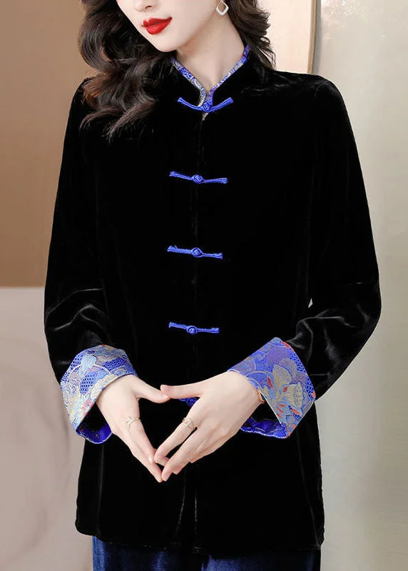 Chinese Style Black Print Button Silk Velour Coats Long Sleeve High-Collar Puffer Coat