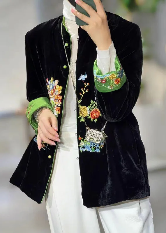 Chinese Style Black Stand Collar Embroidered Patchwork Velour Coats Fall Relaxed Fit Blazer