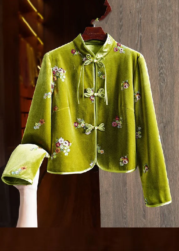 Chinese Style Green Embroideried Button Silk Velour Coats Long Sleeve Knit Longline Duster