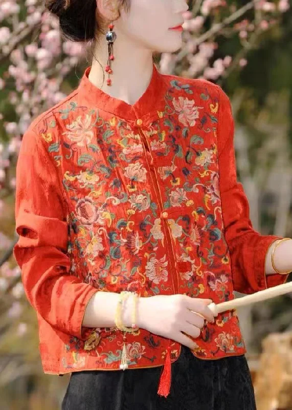 Chinese Style Red Stand Collar Embroideried Patchwork Silk Coat Fall Stylish Bomber Jacket