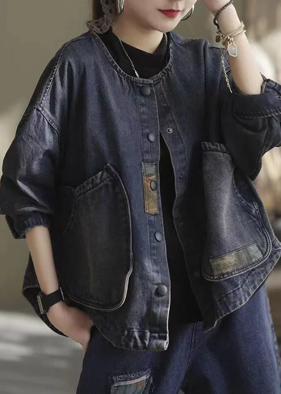 Classy Dark Blue O-Neck Pockets Patchwork Denim Coats Long Sleeve Bold Color Block Coat