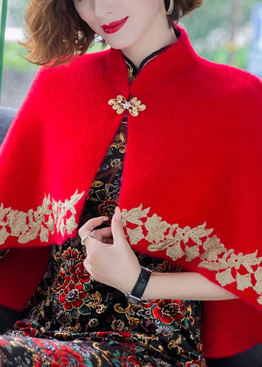 Classy Red Stand Collar Embroideried Patchwork Mink Velvet Coats Fall Minimalist Wool Duster