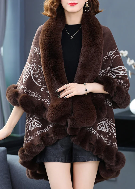 Coffee Print Low High Design Patchwork Woolen Coats Fur Collar Batwing Sleeve Modern Asymmetric Coat