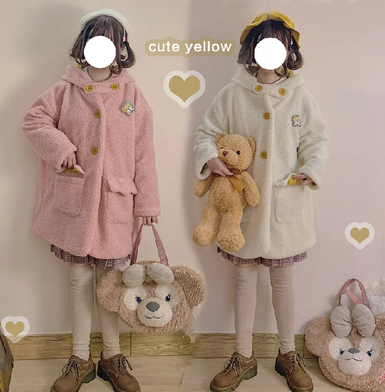 Cute bear plush coat yv42725 Checkered Wool Shacket