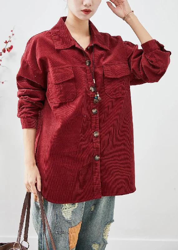 Dull Red Corduroy Shirt Coats Oversized Button Down Fall Luxe Satin Long Coat