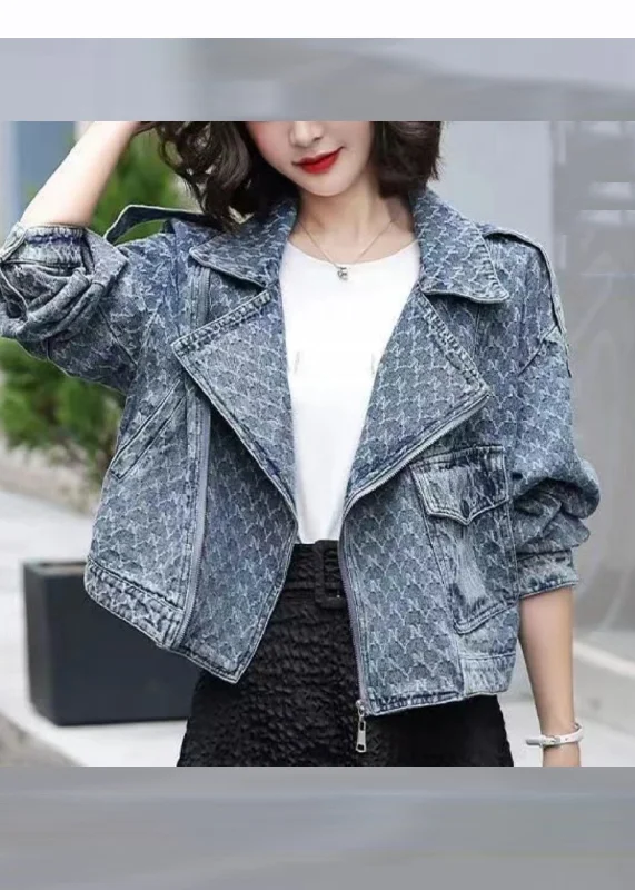 Elegant Denim Blue Notched Zippered Plaid Coat Long Sleeve Flowy Lightweight Kimono