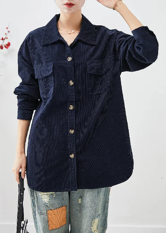 Elegant Navy Oversized Pockets Corduroy Coats Fall Ultra-Soft Sherpa Vest