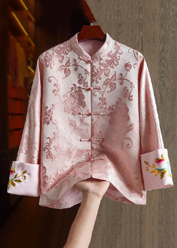 Elegant Pink Stand Collar Embroideried Silk Coat Long Sleeve Cropped Fleece Jacket