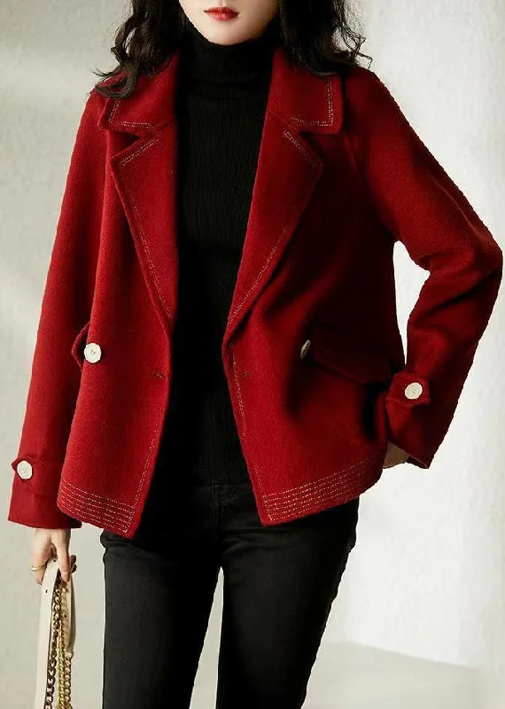 Elegant Wine Red Peter Pan Collar Button Patchwork Woolen Coats Fall Hooded Parka Coat