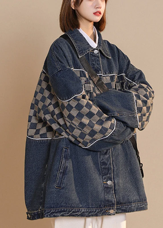 Fashion Black Peter Pan Collar Plaid Patchwork Button Cotton Denim Coat Fall Puff Sleeve Overcoat