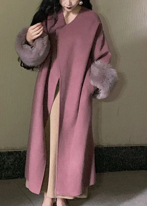 Fashion Lotus Root Pink Color O-Neck Woolen Maxi Coats Long Sleeve Plush Faux Fur Bolero