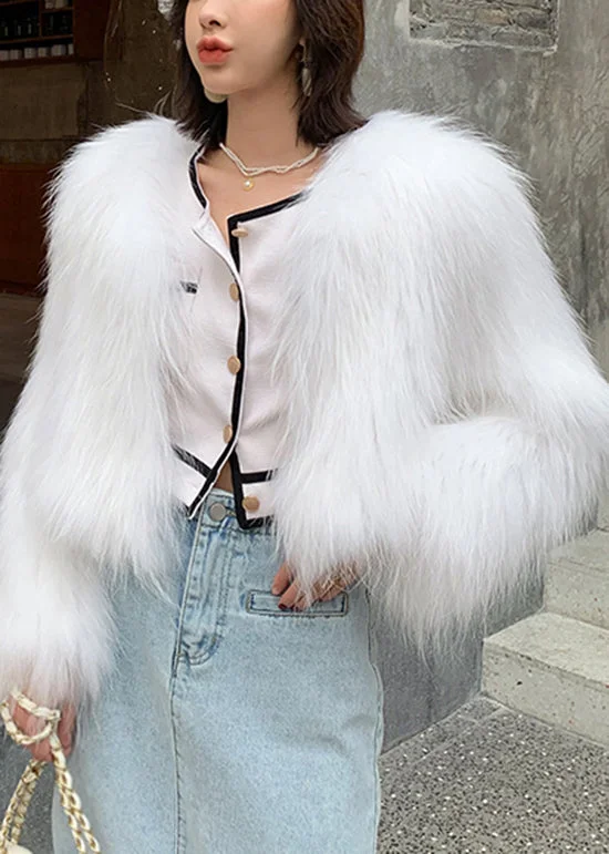 Fashion White V Neck Patchwork Faux Fur Coat Winter Stylish Bomber Jacket