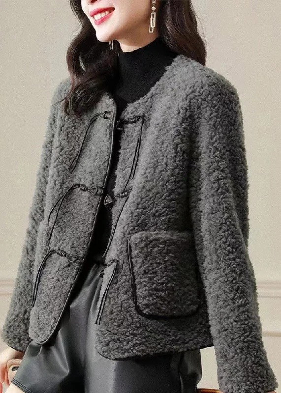 Fine Grey O Neck Tasseled Button Patchwork Wool Coats Winter Elegant Wool Jacket