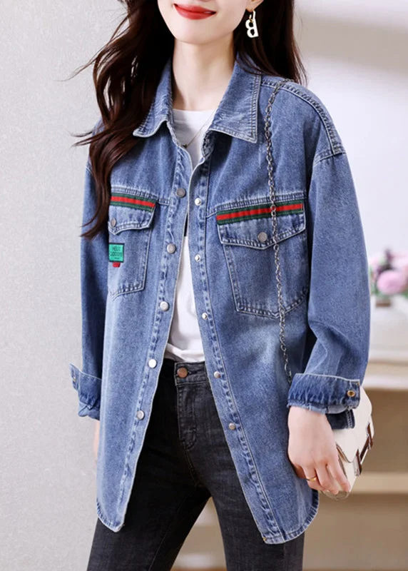 Fitted Blue Peter Pan Collar Button Patchwork Denim Coats Long Sleeve Military-Inspired Jacket