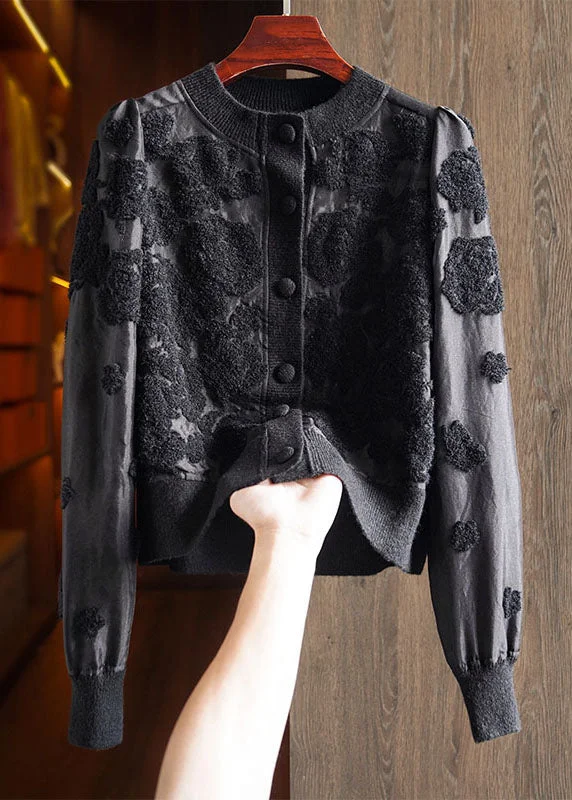 French Black O-Neck Button Silk Wool Patchwork Knit Coat Long Sleeve Plaid Checkered Coat