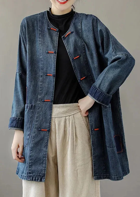 French Blue O-Neck Pockets Patchwork Denim Coats Long Sleeve Zipper Front Biker Jacket