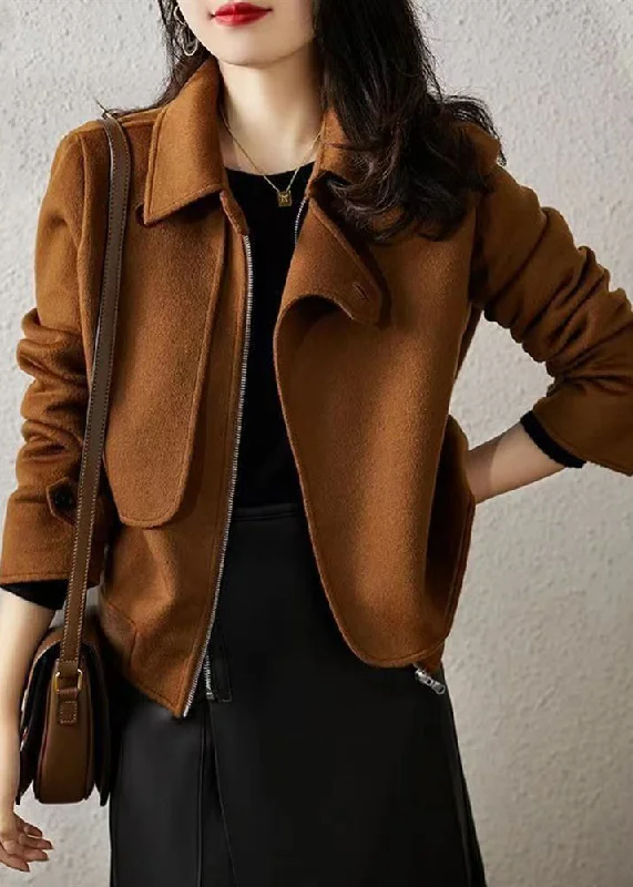 French Brown Zip Up Button Patchwork Woolen Coats Fall Fitted Tailored Blazer