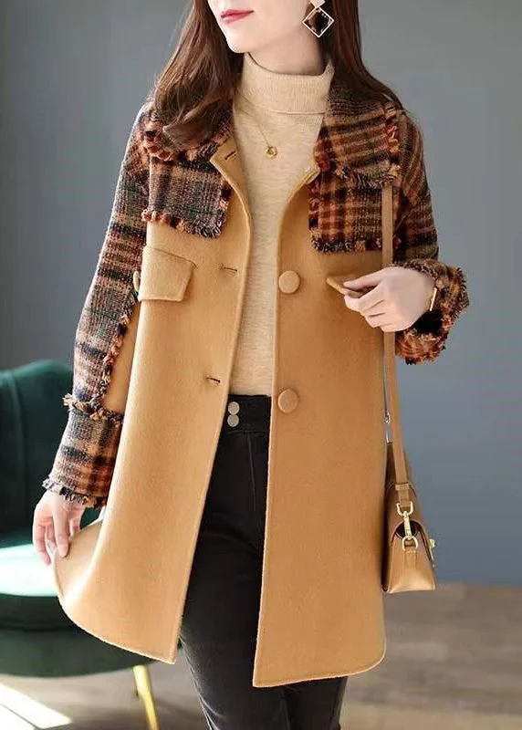 French Camel Plaid Button Patchwork Woolen Coat Winter Warm Hooded Poncho