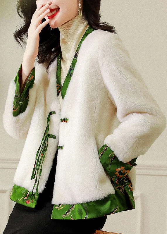 French White V Neck Tasseled Patchwork Wool Coat Winter Suede Fringe Jacket